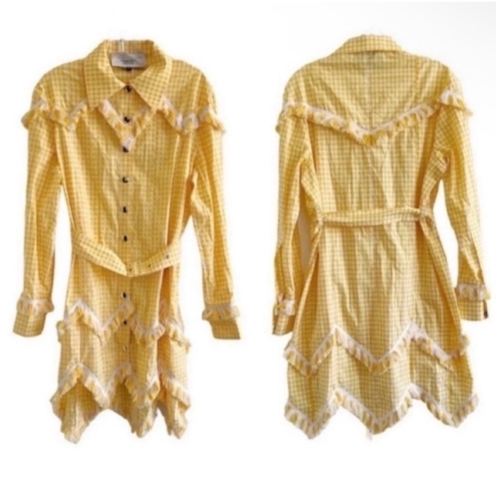 Victoria Tomas Long Sleeve Belted Gingham Fringe Dress